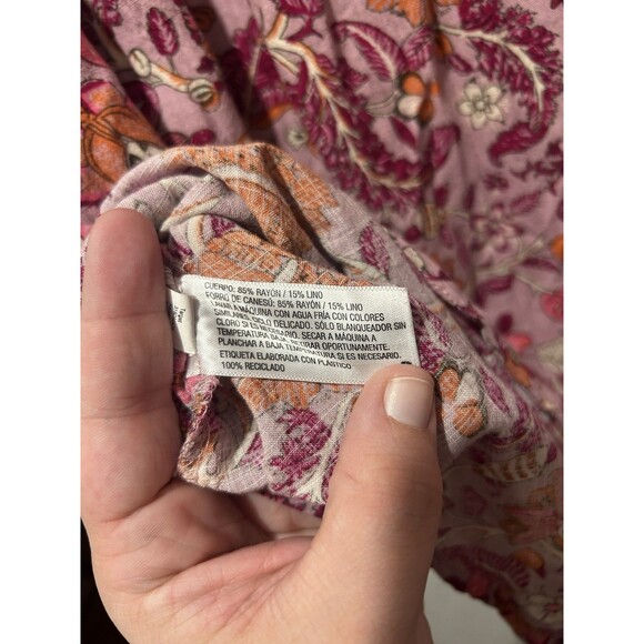 Knox Rose Top Women Large Pink Woodland Florals Button Up Linen Blend Asymmetric - Picture 7 of 7